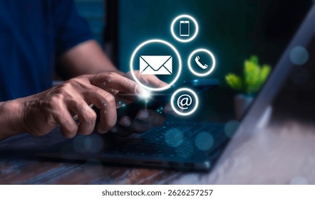 CONTACT US concept. Chatbot conversation assistant. Person using online customer service with chat bot to get support. Artificial intelligence and CRM software technology, customer support center.