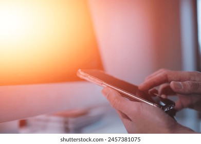 Contact us or Customer support hotline people connect. Businessman using smartphone mobile phone and virtual screen contact icons  email, address, live chat, internet wifi - Powered by Shutterstock