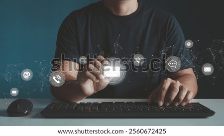 Contact us, customer support hotline, people connect. Businessman use computer, click on virtual screen contact icons (email, address, message, phone). Customer service, helpdesk advice online support