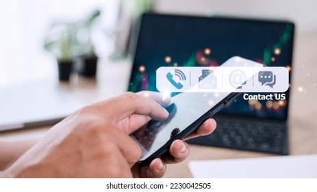 CONTACT US, Hand of people holding mobile smartphone with ( mail, phone, email, chat ) icon. customer support concept, - Shutterstock ID 2230042505