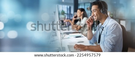 Contact us, mockup or happy consultant in a call center helping, talking or networking online in office. Smile, man or insurance agent in communication or conversation at customer services or sales