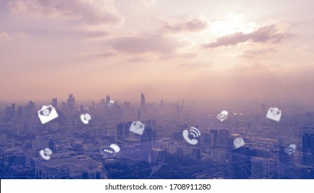 CONTACT US, Social Network With The Icon Background And Communication Technology Connection With City Business.