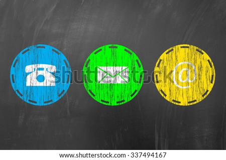 Contact us using email, address and phone concept on blackboard or school chalk board