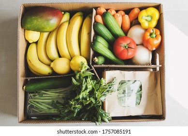 Contactless Grocery Delivery Service. Fresh Fruits, Herbs And Vegetables In A Paper Biodegradable Box. Local Farm Food Products