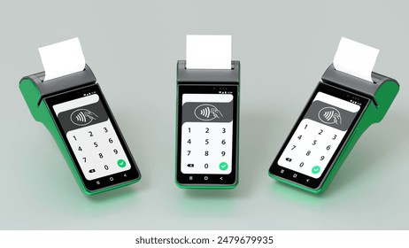 Contactless payment by credit card and mobile phone banking empty screen through the terminal 3d rendering on isolated white backround. - Powered by Shutterstock