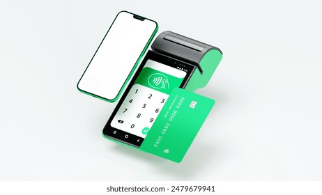 Contactless payment by credit card and mobile phone banking empty screen through the terminal 3d rendering on isolated white backround. - Powered by Shutterstock