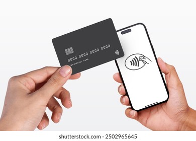 Contactless Payment on White Background: NFC Technology with Payment Confirmation, Featuring Hands Holding an iPhone and a Credit Card - Powered by Shutterstock