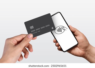 Contactless Payment on White Background: NFC Technology with Payment Confirmation, Featuring Hands Holding an iPhone and a Credit Card - Powered by Shutterstock