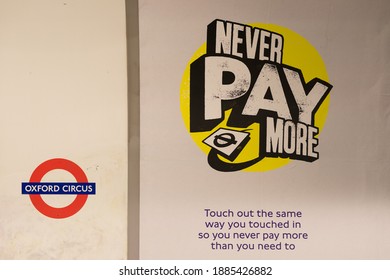 A Contactless Payment Poster On The Platform At Oxford Circus London Underground Station. London - 1st January 2021