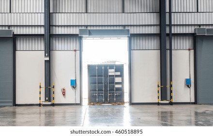 Container Box On Truck At Loading Dock Shipping Industry Warehouse