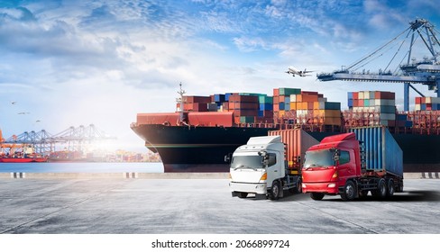 Container cargo freight ship during discharging at industrial port and move containers to container yard by trucks, cargo plane, logistic import export background and transport industry concept