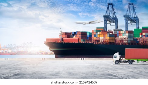 Container cargo freight ship during discharging at industrial port move to container yard by trucks, handlers, cargo plane, copy space, logistic import export background and transport industry concept - Shutterstock ID 2159424539