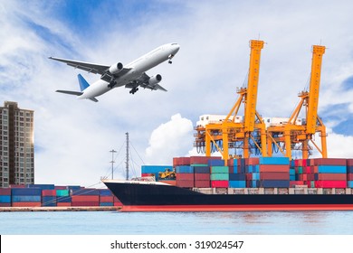 Container cargo freight ship with working crane loading bridge in shipyard for logistic Import export background