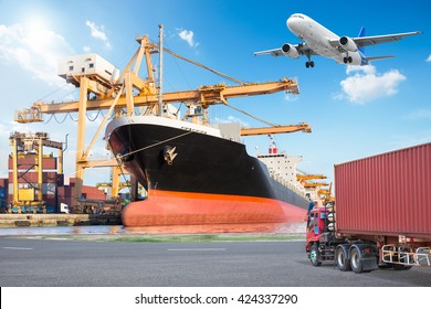 Container cargo freight ship with working crane loading bridge in port and truck transport container with cargo freight plane in transport for logistic import export concept