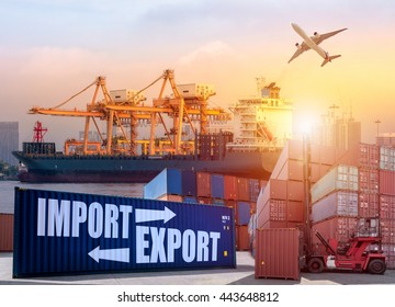 Container Cargo freight ship with working crane bridge in shipyard at sunrise for Logistic Import Export background