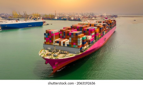 Container cargo ship and Car carrier ship in import export business commercial trade logistic and transportation, Car and Container cargo freight shipping.