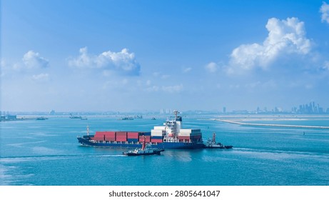 container cargo ship loaded cargo is being assisted by two tugboats in the blue ocean, with a city skyline in the background under a clear sky, representing global maritime logistics.