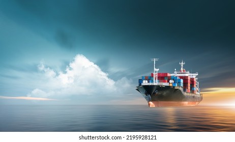 Container cargo ship in ocean at sunset dramatic sky background with copy space, Nautical vessel and sea freight shipping, International global business logistics transportation import export concept - Shutterstock ID 2195928121