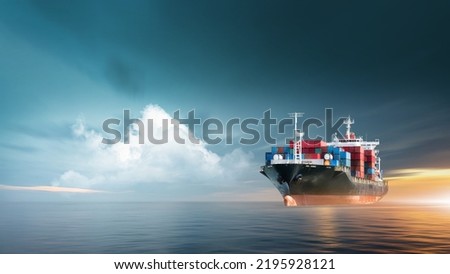 Container cargo ship in ocean at sunset dramatic sky background with copy space, Nautical vessel and sea freight shipping, International global business logistics transportation import export concept