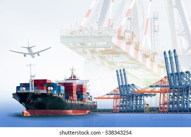 Container cargo ship and cargo plane with port crane bridge in harbor, Freight Transportation, Shipping - Shutterstock ID 538343254