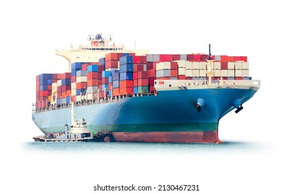 Container Cargo Ship And Tug Boat Isolated On White Background, Freight Transportation And Logistic Concept, Shipping