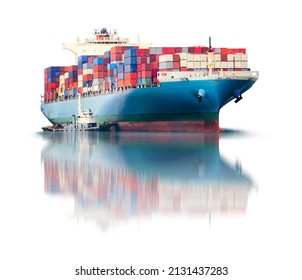 Container Cargo Ship And Tug Boat Isolated On White Background, Freight Transportation And Logistic Concept, Shipping