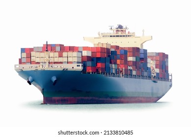 Container Cargo Ship And Tug Boat Isolated On White Background, Freight Transportation And Logistic Concept, Shipping