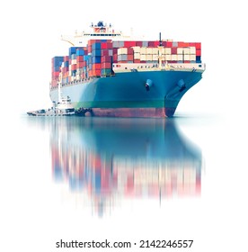 Container Cargo Ship And Tug Boat Isolated On White Background, Freight Transportation And Logistic Concept, Shipping