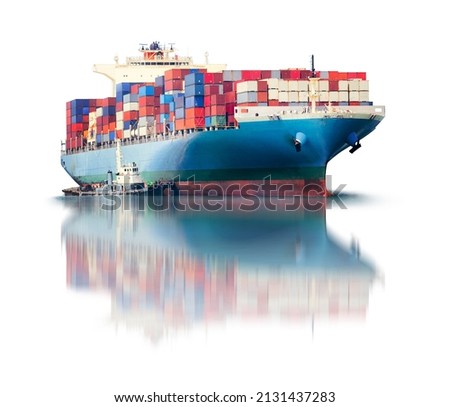 Container Cargo Ship and Tug boat isolated on white background, Freight Transportation and Logistic Concept, Shipping