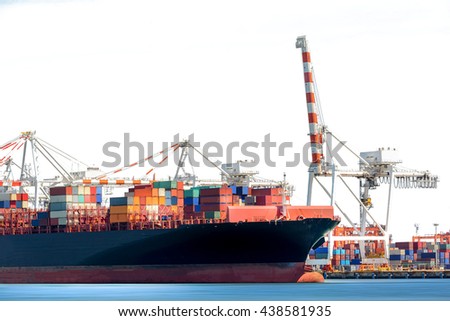 Container Cargo Ship with working crane bridge in shipyard isolated on white background, Freight Transportation, Logistic Import Export background.