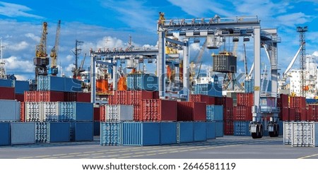 Container cranes and stacked cargo containers at a busy seaport terminal with ships and logistics equipment operating in global shipping. - Port. Customs. Warehouse.