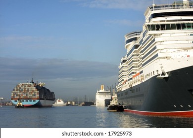 Container And Cruise Ships In Busy Port Of Southampton, UK.