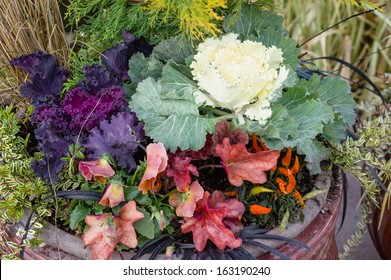 Container Garden With Fall Colors Pansies And Ornamental Kale