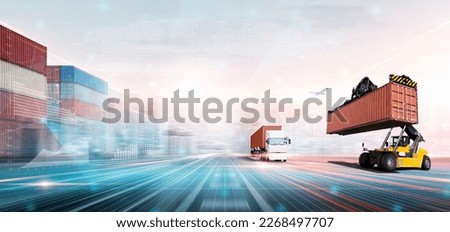 Container handler forklift loading at the docks to truck with stack of colorful containers box background and copy space, Cargo freight shipping import export logistics transportation industry concept