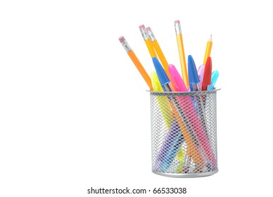 Container holding an array of colorful pens and pencils.