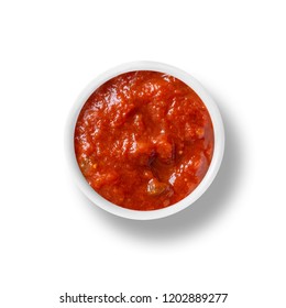 Container of marinara tomato sauce isolated on white