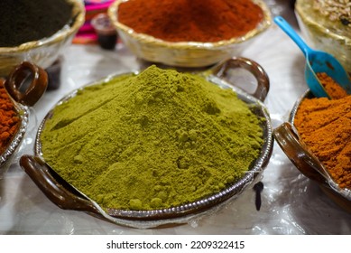 Container With Mole Powder. Typical Mexican Food Sold In A Street Market.