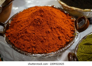 Container With Mole Powder. Typical Mexican Food Sold In A Street Market.