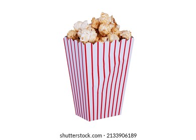 A Container Of Popcorn Food On A White Isolated Background. Red Striped Square Carboard Box Of Kettle Corn