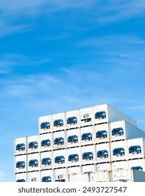 Container reefer export logistic crane forklift port blue sky background, import business freight logistic transport custom industry service airplane container Ship truck cargo stack storage