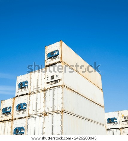 Container Reefer Export Logistic Crane Forklift Port Blue Sky Background Space Road Import Business Freight Logistic Transport Custom Industry Service Airplane Container Ship Truck Cargo Stack Storage