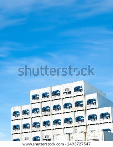 Container reefer export logistic crane forklift port blue sky background, import business freight logistic transport custom industry service airplane container Ship truck cargo stack storage