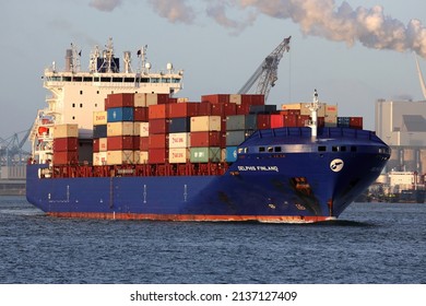 The container ship Delphis Finland leaves the port of Rotterdam on January 30, 2022.