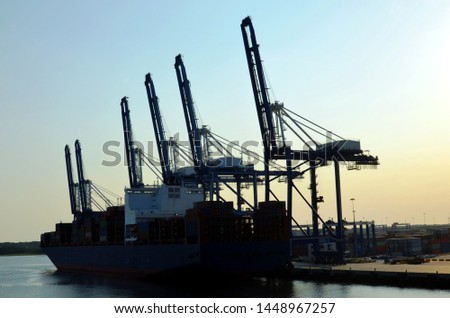 Container ship during cargo operations in the port of Charleston, South Carolina.