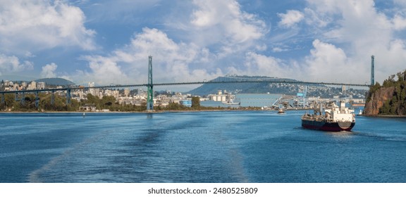 Container ship entering Vancouver harbor under the famous Lions Gate Bridge, British Columbia, Canada - Powered by Shutterstock