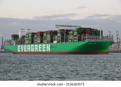 The container ship Ever Alp leaves the port of Rotterdam on January 30, 2022.