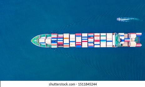 Container ship in export and import business and logistics, Aerial view container cargo shipping.