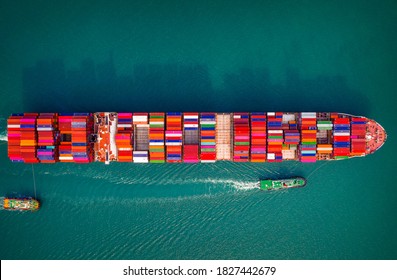 Buque de contenedores en el negocio de exportación e importación y logística. Vista aérea