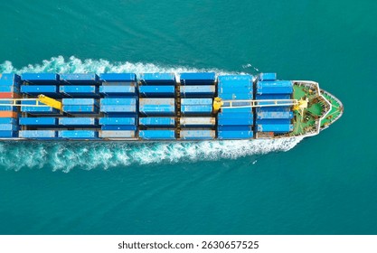 Container ship. Export and import. Cargo business. Shipping logistics. Cargo ship with container, aerial top view. Freight container on cargo vessel. Cargo ship vessel leaving port. Commercial vessel