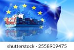 Container ship with flag European union. Sea vessel transports goods across ocean. EU merchant navy. Ship supplies goods to European union. Sea import to European countries. Ship with containers